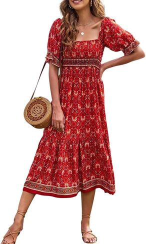 Naggoo Women's Square Neck Bohemian Long Dress Summer Floral Print Ruffle Short Sleeve Beach Party Maxi Dress in Kuwait
