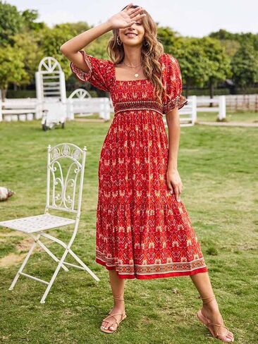 Naggoo Women's Square Neck Bohemian Long Dress Summer Floral Print Ruffle Short Sleeve Beach Party Maxi Dress in Kuwait