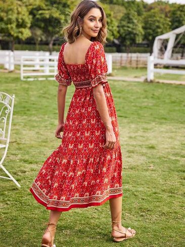 Naggoo Women's Square Neck Bohemian Long Dress Summer Floral Print Ruffle Short Sleeve Beach Party Maxi Dress in Kuwait