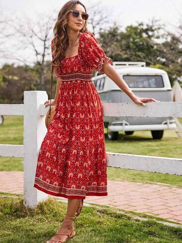 Naggoo Women's Square Neck Bohemian Long Dress Summer Floral Print Ruffle Short Sleeve Beach Party Maxi Dress in Kuwait