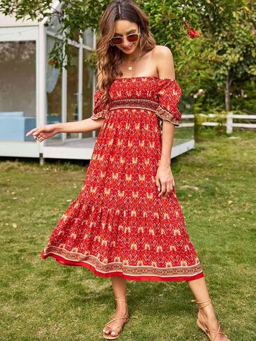 Naggoo Women's Square Neck Bohemian Long Dress Summer Floral Print Ruffle Short Sleeve Beach Party Maxi Dress in Kuwait