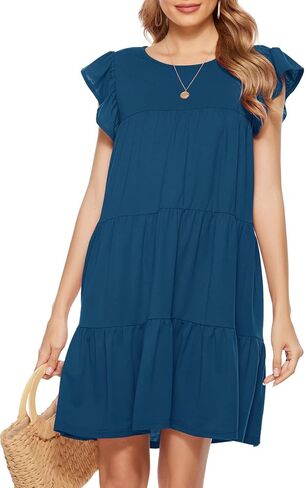 Berydress المرأة عادية بوهو شاطئ الصيف فساتين صغيرة طاقم الرقبة أكمام كشكش بيبي دول فستان فضفاض فلوي تونك in Kuwait