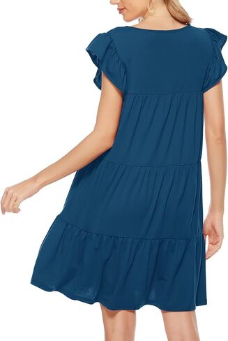 Berydress المرأة عادية بوهو شاطئ الصيف فساتين صغيرة طاقم الرقبة أكمام كشكش بيبي دول فستان فضفاض فلوي تونك in Kuwait