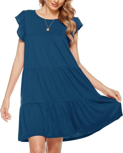 Berydress المرأة عادية بوهو شاطئ الصيف فساتين صغيرة طاقم الرقبة أكمام كشكش بيبي دول فستان فضفاض فلوي تونك in Kuwait