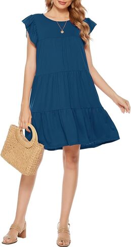 Berydress المرأة عادية بوهو شاطئ الصيف فساتين صغيرة طاقم الرقبة أكمام كشكش بيبي دول فستان فضفاض فلوي تونك in Kuwait