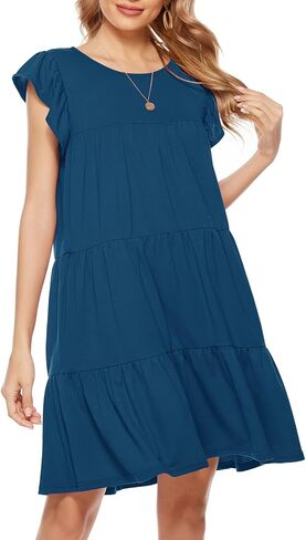 Berydress المرأة عادية بوهو شاطئ الصيف فساتين صغيرة طاقم الرقبة أكمام كشكش بيبي دول فستان فضفاض فلوي تونك in Kuwait