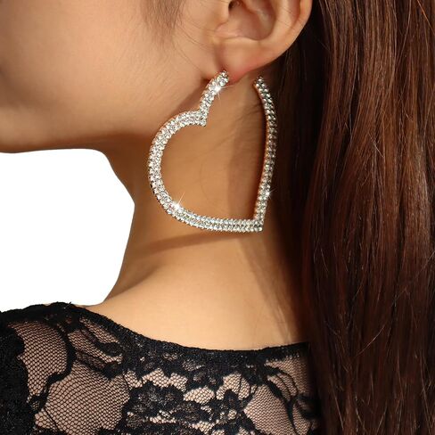 1Pair Large Rhinestone Hoop Dangle Earrings Luxury Crystal Big Circle Earrings Rhinestone Heart Earrings Statement Drop Earrings Bridal Wedding Body Accessories Jewelry for Women in Kuwait