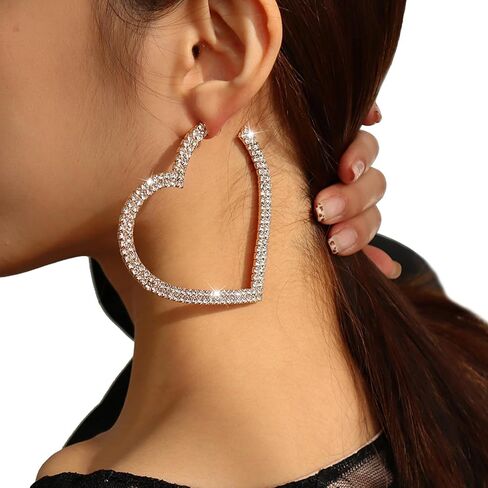 1Pair Large Rhinestone Hoop Dangle Earrings Luxury Crystal Big Circle Earrings Rhinestone Heart Earrings Statement Drop Earrings Bridal Wedding Body Accessories Jewelry for Women in Kuwait