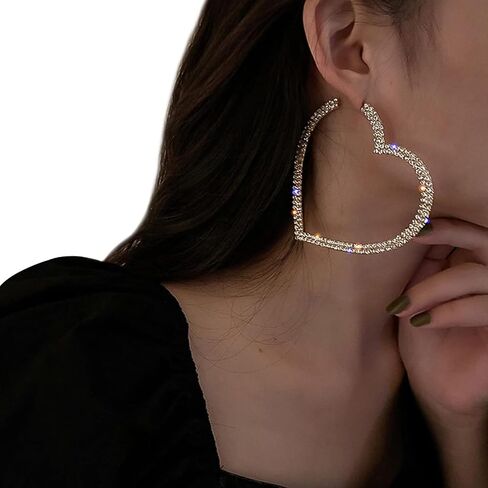 1Pair Large Rhinestone Hoop Dangle Earrings Luxury Crystal Big Circle Earrings Rhinestone Heart Earrings Statement Drop Earrings Bridal Wedding Body Accessories Jewelry for Women in Kuwait