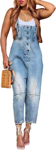 Perbai Womens Casual Adjustable Loose Denim Bib Overalls Crop Harem Jean Pants in Saudi Arabia