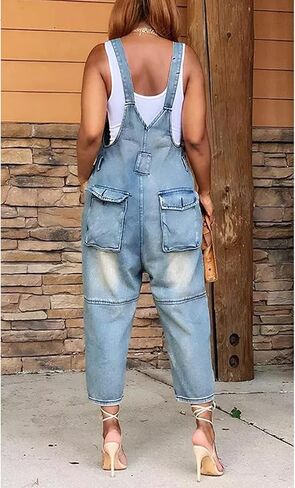 Perbai Womens Casual Adjustable Loose Denim Bib Overalls Crop Harem Jean Pants in Saudi Arabia
