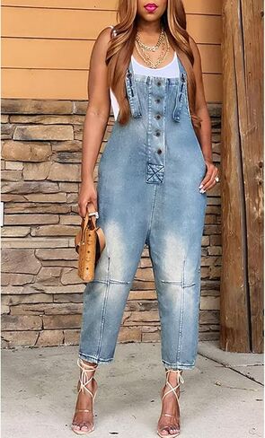 Perbai Womens Casual Adjustable Loose Denim Bib Overalls Crop Harem Jean Pants in Saudi Arabia