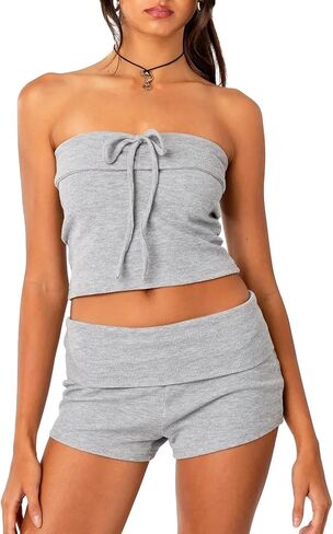 TZLDN 2 Piece Sets for Women Lounge Sets Outfits Going Out Y2k Fold Over Tube Top Bandeau Shorts Cute Casual Pajama Sets in Kuwait