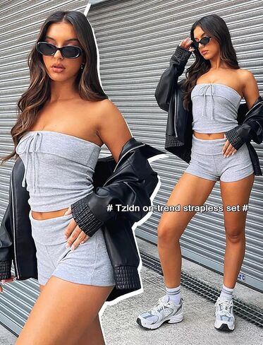 TZLDN 2 Piece Sets for Women Lounge Sets Outfits Going Out Y2k Fold Over Tube Top Bandeau Shorts Cute Casual Pajama Sets in Kuwait