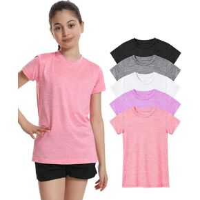 5 Pack Girls Athletic Shirts Short Sleeve Dry Fit Sports T-Shirts Crew Neck Activewear Tees Tops for Kids Teens