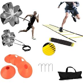 Speed Agility Training Kit-12 Rung 20Ft Agility Ladder, 5 Round Training Cones,Resistance Parachute, 4 metal Stakes & Carrying bag, football ladders for Faster Footwork and Better Movement Skills