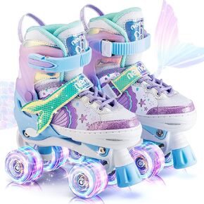Mermaid 4 Size Adjustable Light up Roller Skates for Girls, Purple Blue Skates for Toddlers, Beginner Kids Roller Skates Indoor Outdoor