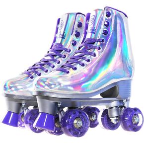 Roller Skates for Women, Holographic High Top PU Leather Rollerskates, Shiny Double-row four Wheels Quad Skates for Girls and Age 8-50 Indoor Outdoor (Silver Purple)