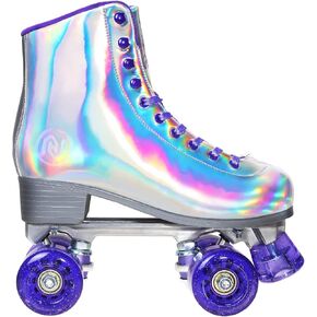 Roller Skates for Women, Holographic High Top PU Leather Rollerskates, Shiny Double-row four Wheels Quad Skates for Girls and Age 8-50 Indoor Outdoor (Silver Purple) in Kuwait