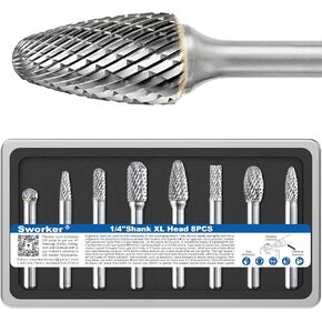 Carbide Burr Set 1/4" Shank 8PCS w/Wood Base Die Grinder Bits Rotary Rasp File Kits Accessories Attachments for Metal Welds Concrete Stone Wood Steel Plastic Carve Deburr Grind Engrave Polish