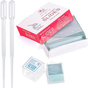 50 Pieces Microscope Slides and 100pcs Pre-Cleaned 20mm x 20mm Microscope Cover Slips Glasses for Basic Biological Science Education
