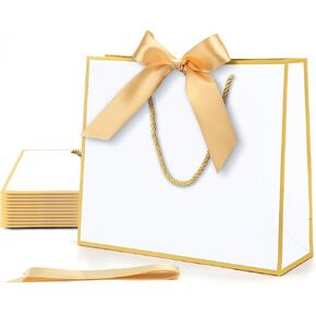 MOXARYSU Gift Bags With Handles: 11.8x4x10 Inch 3pcs Medium Large With Bow Ribbon For Wedding Thanks Bridesmaid Birthday Party (White-Light Blue