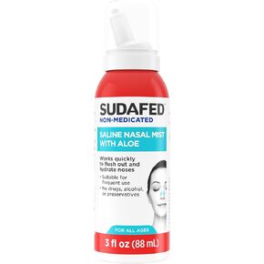 Sudafed Non-Medicated Saline Nasal Mist with Aloe, Sinus Saline Nose Spray for All Ages Quickly Flushes & Moisturizes Nasal Passages, Use Nasal Mist as Often As Needed, Drug-Free, 3 fl. oz