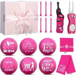 18 Pcs Pink Golf Accessories Kit Include 6 Golf Ball, 6 Golf Tees, 2 Golf Towels,Golf Ball Bag with Hook, Divot Tool with Magnetic Ball Marker,Gift Box Bag of Raffia,Golf Gift for Women