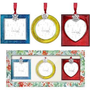 LARAINE Christmas Tree Ornaments 3 pieces – Decorative Hanging 2024 Plaid Pendant with 2.5" Picture Frame Insert for Baby and Pet Holiday Keepsake Gift (Gold (2024))