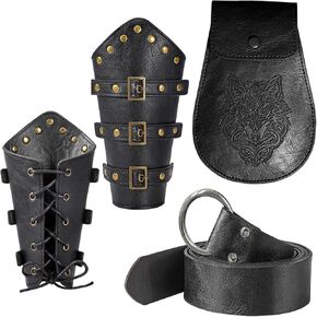 3 PCS Medieval Viking Belt Vintage Belt Pouch and Leather Bracers, Halloween Cosplay Renaissance Accessories