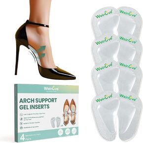 Arch Support Inserts Flat Feet - Welnove 8-Pair Gel Arch Support Insoles for Plantar Fasciitis, Foot Pain Fatigue Relief - Soft Arch Support Heel Pads Adhesive Fit Most Shoes, Men Women, 0.3" Height
