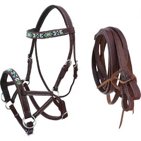 CHALLENGER Horse Western Horse Leather Beaded Bitless Sidepull Bridle w/Split Reins 77RS13BR