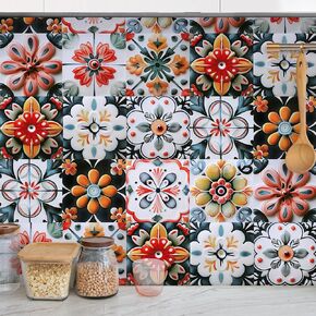 30PCS 4x4 inch Removable 3D Tile Stickers DIY Square Colorful Floral Pattern Tile Stickers Vinyl Self Adhesive Wall Tiles Decor for Bathroom Kitchen Living Room Stairs Backsplash (B)