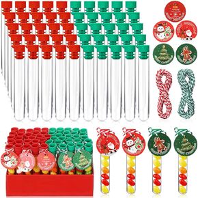Photect 50 Set Christmas Candy Tubes 100 x 16mm Clear Candy Containers Empty Candy Tubes 10 ml Plastic Test Tubes with Stoppers for Holiday Christmas Party Supplies Candy Stocking Filler