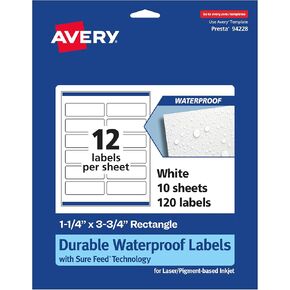 Avery Durable Waterproof Rectangle Labels with Sure Feed, 1.25" x 3.75", 300 Oil and Tear-Resistant Waterproof Labels, Print-to-The-Edge, Laser/Pigment-Based Inkjet Printable Labels