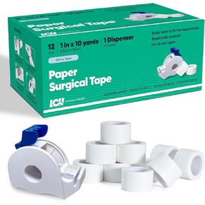 12 Rolls (1" x 10 Yd) Soft Paper Medical Tape + 1 Dispenser - Hypoallergenic Surgical Tape, Water Resistant Paper Tape, Latex-Free, Strong Adhesion, Breathable, for Wound Care, Leaves no Residue