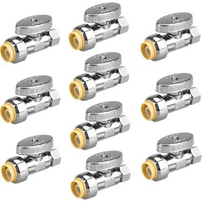 Stop Valves, 1/2" × 3/8" Angle Stop Valve, 1/2" PTC Input, 3/8" OD Compression Output, Push to Connect, 1/4 Turn, Chrome Plated Brass for Faucet, Toilet Valves, No Lead