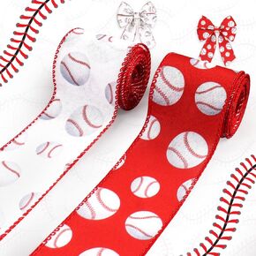 Hying 2 Rolls Baseball Ribbons for Wreath Bows, Sports Balls Wired Edge Ribbons Red White Burlap Ribbon Baseball Craft Ribbons for Gift Wrapping Camping Celebration Party Ornaments