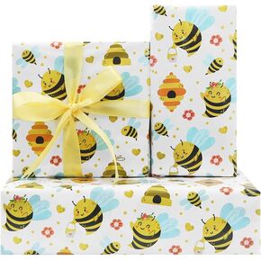 Bee Gift Wrapping Paper for Kids Girls Boys, 4 Sheet Cute Honey Bee Honeycomb Flower Birthday Paper Folded Flat 28 x 20 Inches per Sheet with Ribbon for Baby Shower Birthday Spring Summer Holiday