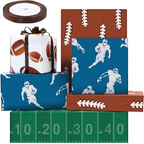 Boerni Green Pitch Rugby Player in Full Flight Scrum Ball Wrapping Paper 4 Foled Flat Sheets in 4 Designs 15 sq. ft. ttl. With 22m Silk Ribbon, Gift Wrap For Football Birthday Sports Party
