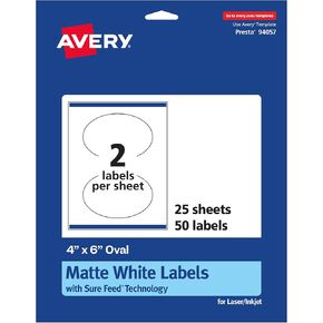 Avery Matte White Oval Labels with Sure Feed, 4" x 6", 100 Matte White Printable Labels