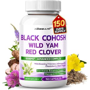Black Cohosh 5,000mg with Wild Yam Red Clover Evening Primrose Ashwagandha - Hormone Balance Support - 150 Count - Made & Tested in The USA