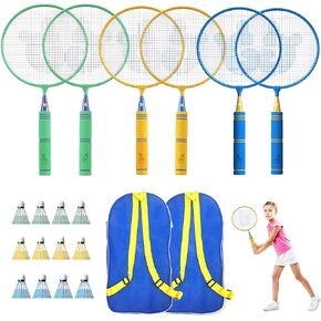 Upgraded 6 Pack Kids Badminton Rackets Set with Soft Grip, Oversize & Lightweight Shuttlecocks Racquet with 2 Carry Bag and 12 Shuttlecocks for Children Youth, 6 Player Sport Game for Outdoor Backyard