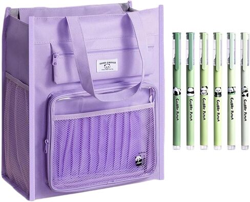 Canvas Tote Bag Cute Panda Print Multipocket Handbag with Compartments + 5 Pens (1-Green) in Saudi Arabia
