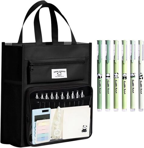 Canvas Tote Bag Cute Panda Print Multipocket Handbag with Compartments + 5 Pens (1-Green) in Saudi Arabia