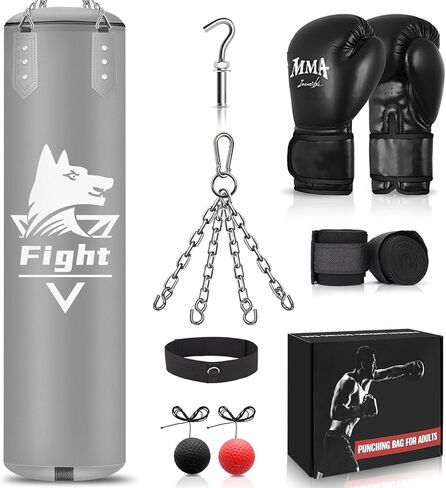 4FT Hanging Punching Bag for Adults, Super PU Leather Boxing Training Equipment Heavy Bag with 12OZ MMA Gloves, Unfilled Kicking Bag Boxing Set for Training Karate Kickboxing Muay Thai in Saudi Arabia