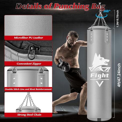 4FT Hanging Punching Bag for Adults, Super PU Leather Boxing Training Equipment Heavy Bag with 12OZ MMA Gloves, Unfilled Kicking Bag Boxing Set for Training Karate Kickboxing Muay Thai in Saudi Arabia