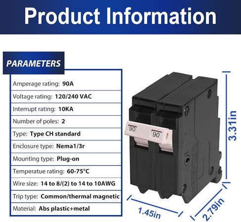 90 Amp 2-Pole Circuit Breaker, OEM Replacement for Most Breaker Boxes, 120/240V Plug-in, Thermal Magnetic Protection, Easy Installation, 10-Year Warranty in Saudi Arabia