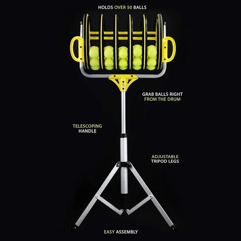 سلة تجميع كرات التنس 2 في 1 + 25 كرة - أوتوماتيكية بسعة 50 كرة - معدات رياضية كبيرة للمضارب - الجزء العلوي للمنتقي الداخلي/الخارجي وعربة حامل بعجلات in Kuwait