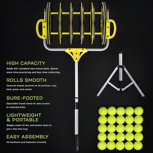 سلة تجميع كرات التنس 2 في 1 + 25 كرة - أوتوماتيكية بسعة 50 كرة - معدات رياضية كبيرة للمضارب - الجزء العلوي للمنتقي الداخلي/الخارجي وعربة حامل بعجلات in Kuwait